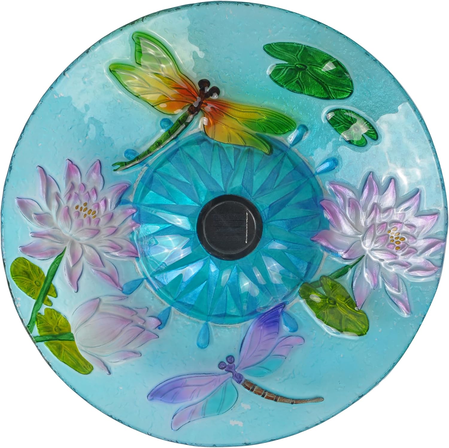 Teamson Home Handpainted Dragonfly Fusion Glass Solar Birdbath Bowl Feeder with LED Light for Outdoor Patio Garden Backyard Decking Decor