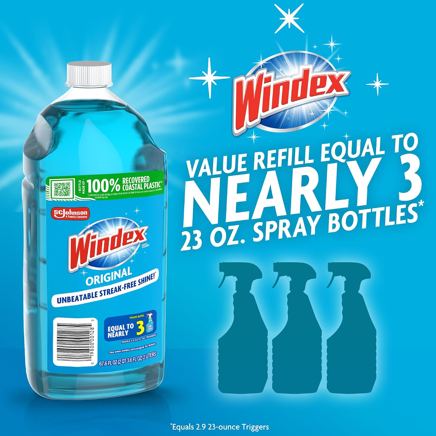 Windex refill glass and window cleaner, made from 100% recycled plastic, surface cleaning spray, original blue scent, 2L (67.6 fl oz)