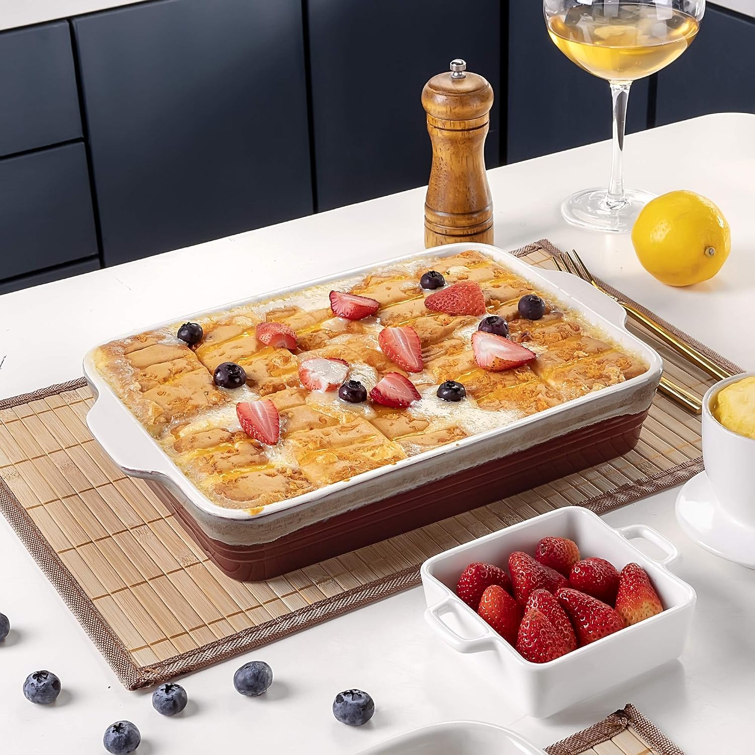 LOVECASA 8x8 inch Baking Pan, 2 Quart Square Cake Pan Baking Dish for Oven, Stoneware Brownie Pan Non-Stick, Casserole Baking Pan with Handle