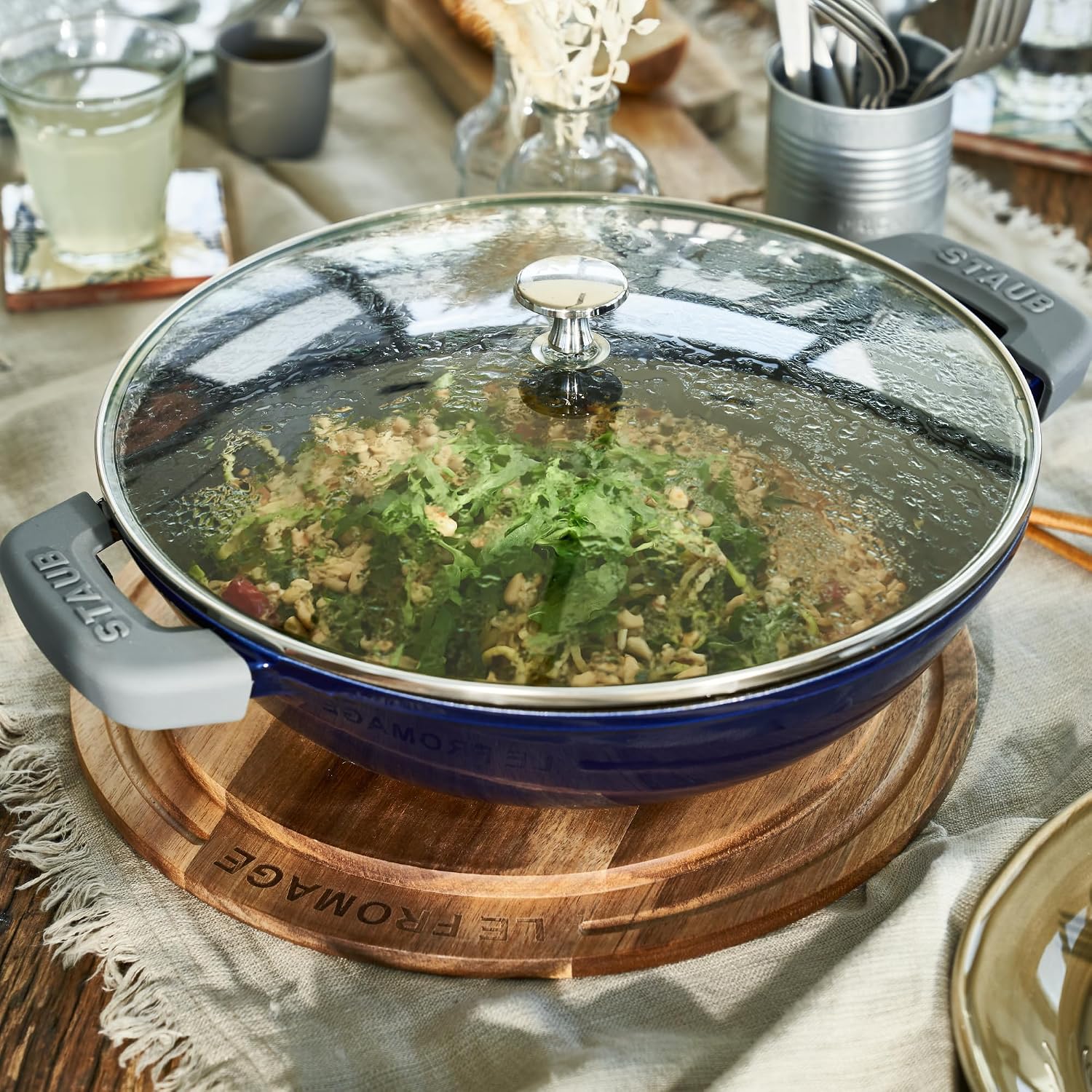 Staub Cast Iron Perfect Pan, Wok, Dutch Oven, 4.5-quart, serves 4-5, Made in France, Dark Blue