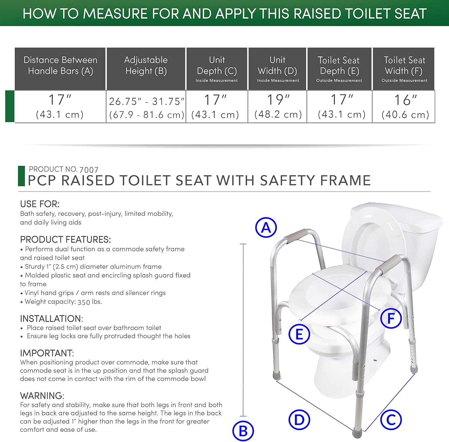 PCP Raised Toilet Seat and Safety Frame, Pre-Assembled Tool Free, Secure Adjustable Height, Made in USA, Regular