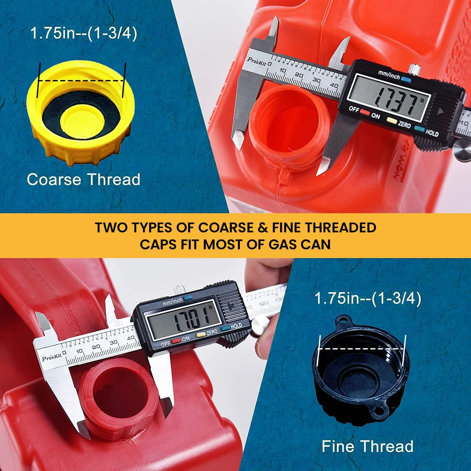 KP KOOL PRODUCTS Gas Can Cap Replacement - Solid Base (1-Coarse and 1-Fine Thread) - Fits Most 1/2/3/5 Gallon Gas Cans - 1-3/4" Cap