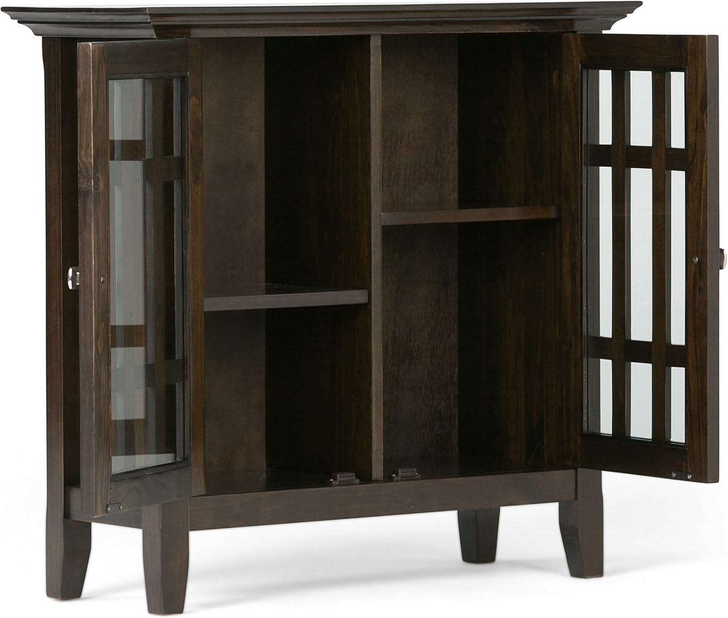 SIMPLIHOME Bedford 62" Wide Solid Wood Sideboard in Brunette Brown | Transitional low media console with glass doors and storage shelves for the living room, entryway or dining room.
