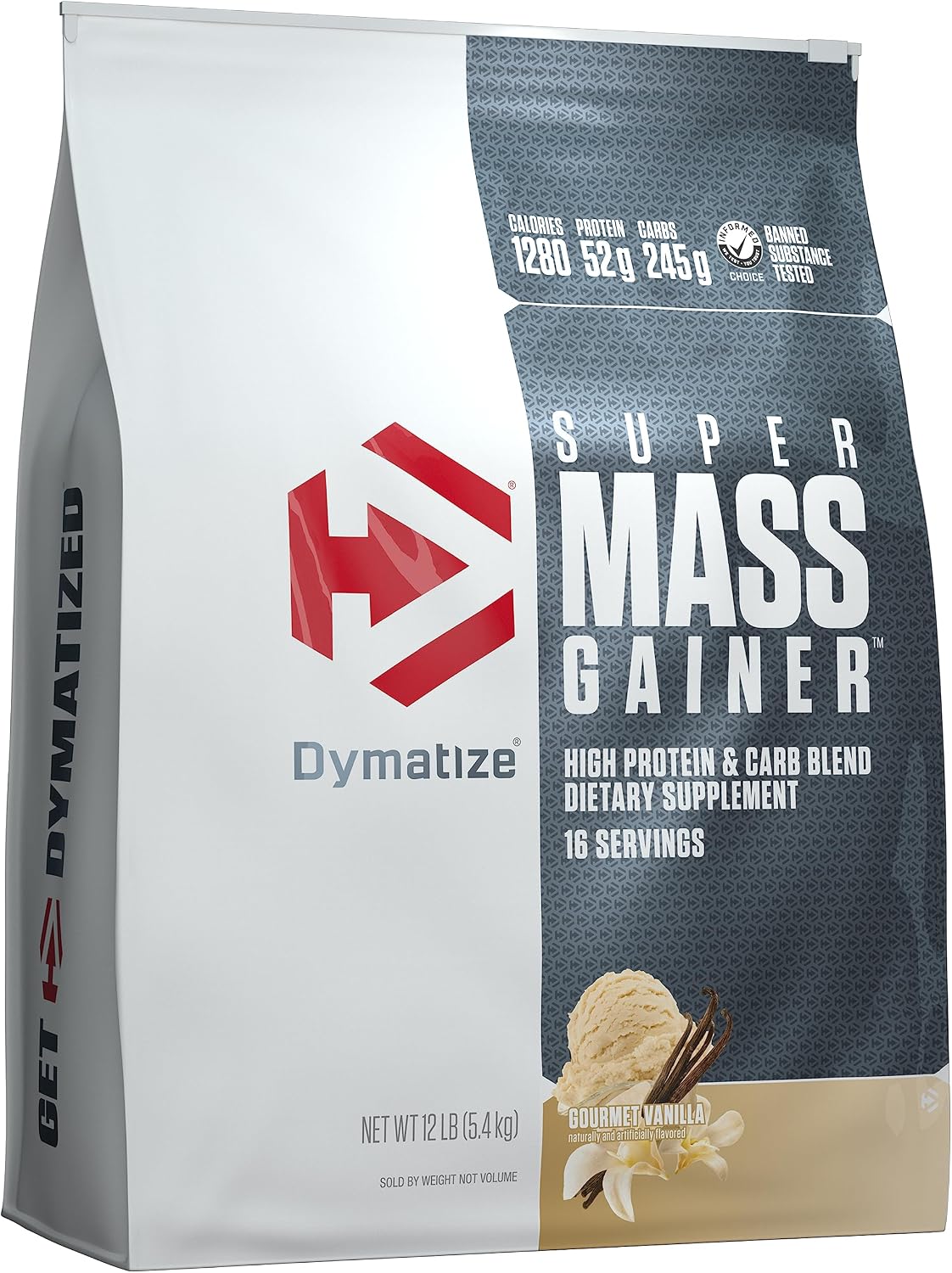 Dymatize Super Mass Gainer Protein Powder, Gourmet Vanilla, 52g Protein, 1g Creatine, 1280 Calories, 10.7g BCAAs, 245g Carbs, Contains Whey Protein Powder, Isolate, and Casein (8 Servings)