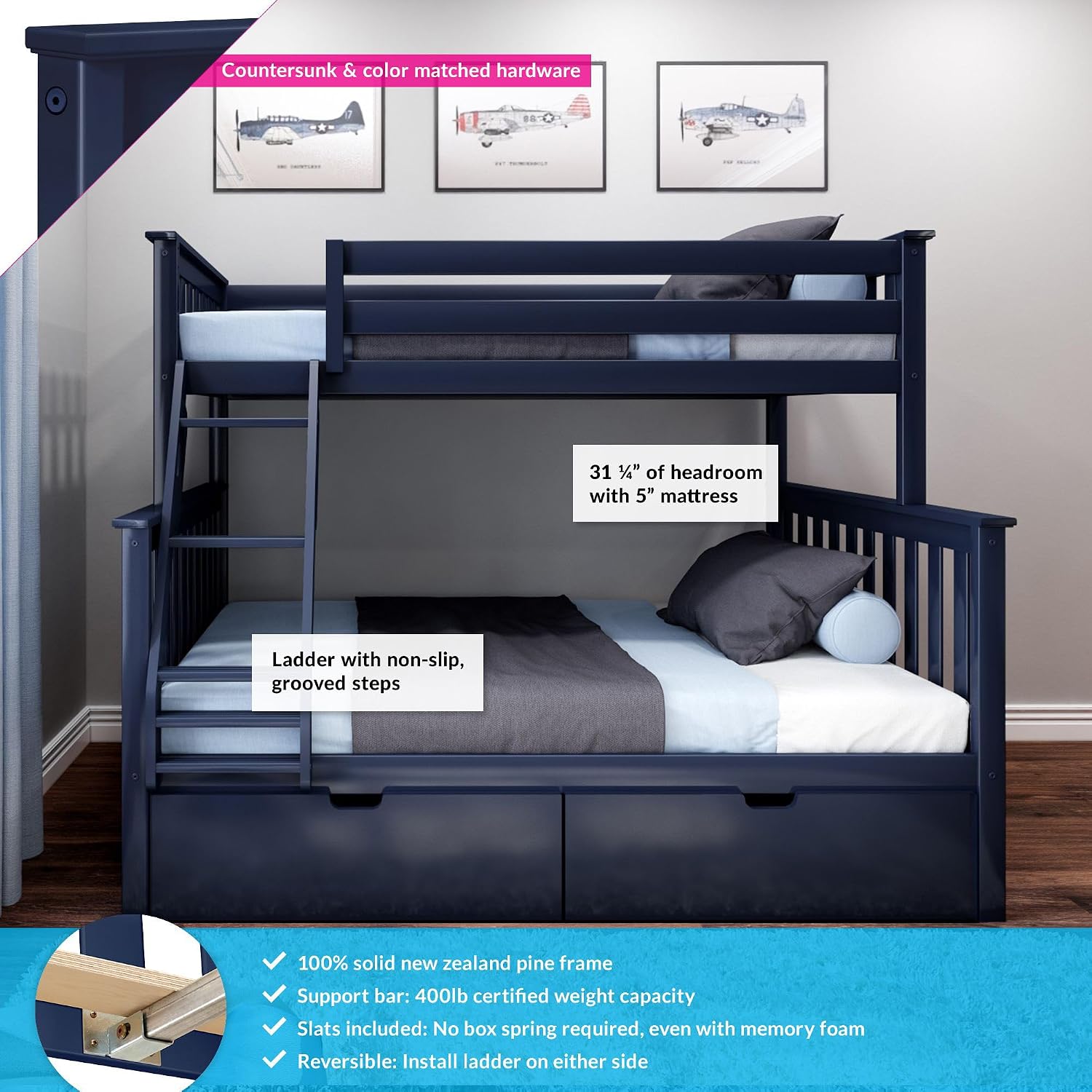 Max & Lily Bunk Bed Twin over Twin, Solid Wood Bunk Bed Frame with Ladder for Kids, 14" Safety Guardrails, Easy Assembly, No Box Spring Needed, White