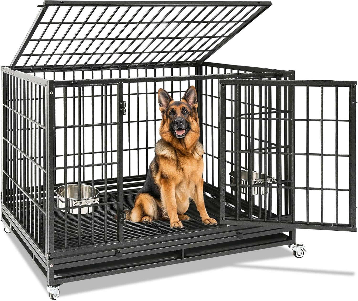Homey Pet Taller 43" Heavy Duty Double Dog Crates with Divider & Dual Door | Drop Cage for Dogs with Lockable Wheels, Bowls, Removable Tray, Top Access, Ideal for Small to Medium & Large Dogs, Breeders