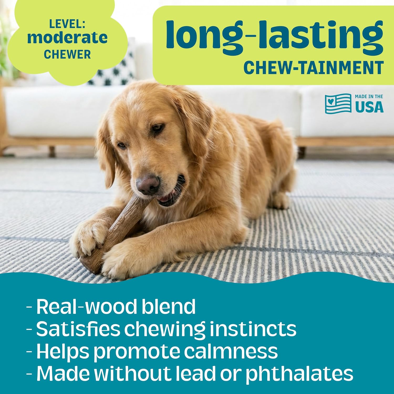 Pupstages Dogwood Dog Chew Toy, Made in the USA – Real-Wood Blend, Natural Flavor & Texture, Moderate Chewers, Small, 5.4"