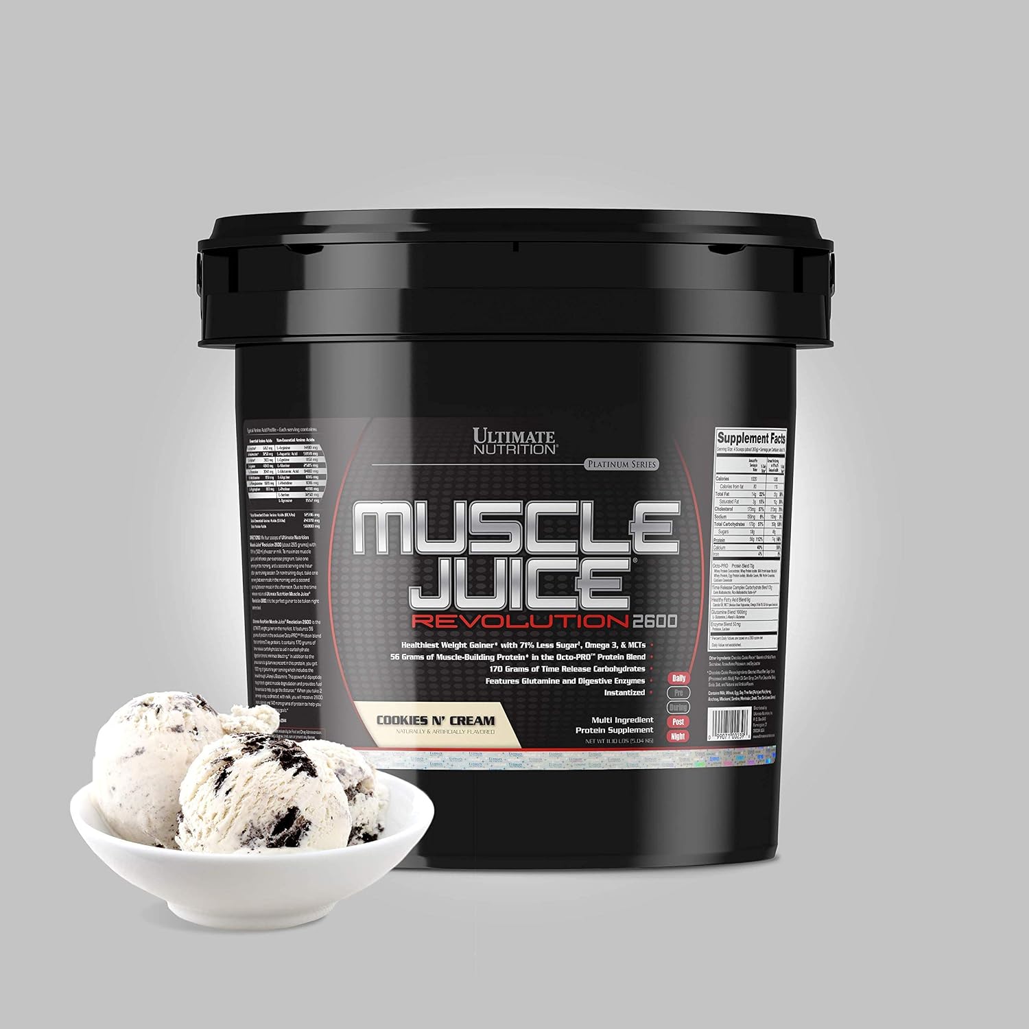 Ultimate Nutrition Muscle Juice Revolution 2600 Weight Gainer, Muscle Recovery with Glutamine, Micellar Casein and Time Release Complex Carbohydrates, Banana Protein Powder, 4.69 Pounds | 70g Octo-PRO™ Protein Blend, 175g Time-Release Carbs, 1000mg Gluta…