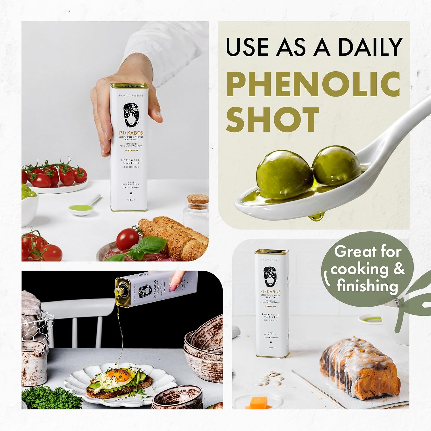 P.J. KABOS Fresh 2025/26 Harvest, High Phenolic (400+mg/kg), Natural Greek Extra Virgin Olive Oil, Kosher, Greece, Cold Extracted, 16.9 oz Tin, Koroneiki, "Family Reserve -Medium"
