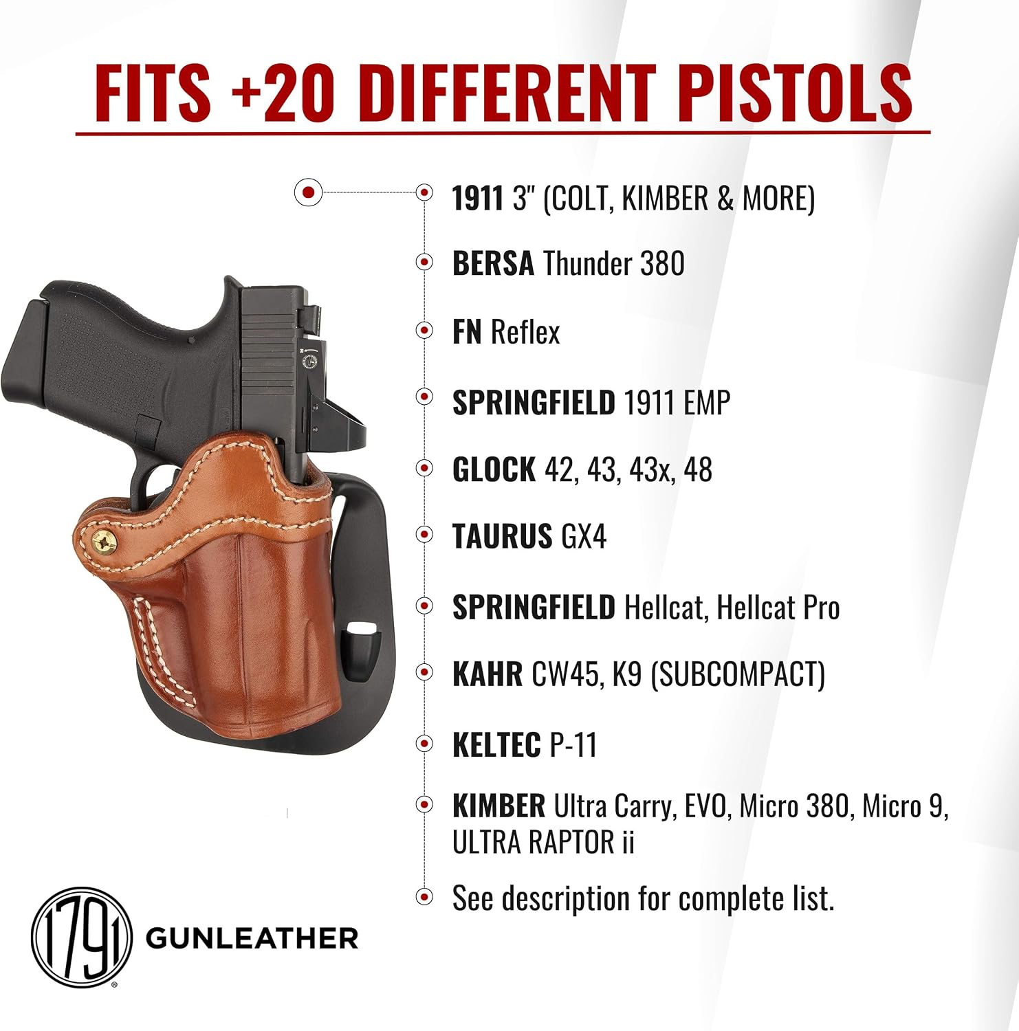 1791 Optic Ready Paddle Holster Fits Glock 43X, 43, 48, FN Reflex, Sig P365