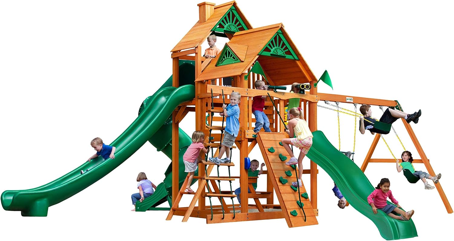 Gorilla Playsets 01-0031-AP Great Skye II Wood Swing Set with Wood Roof, 3 Slides, and Rock Wall, Brown