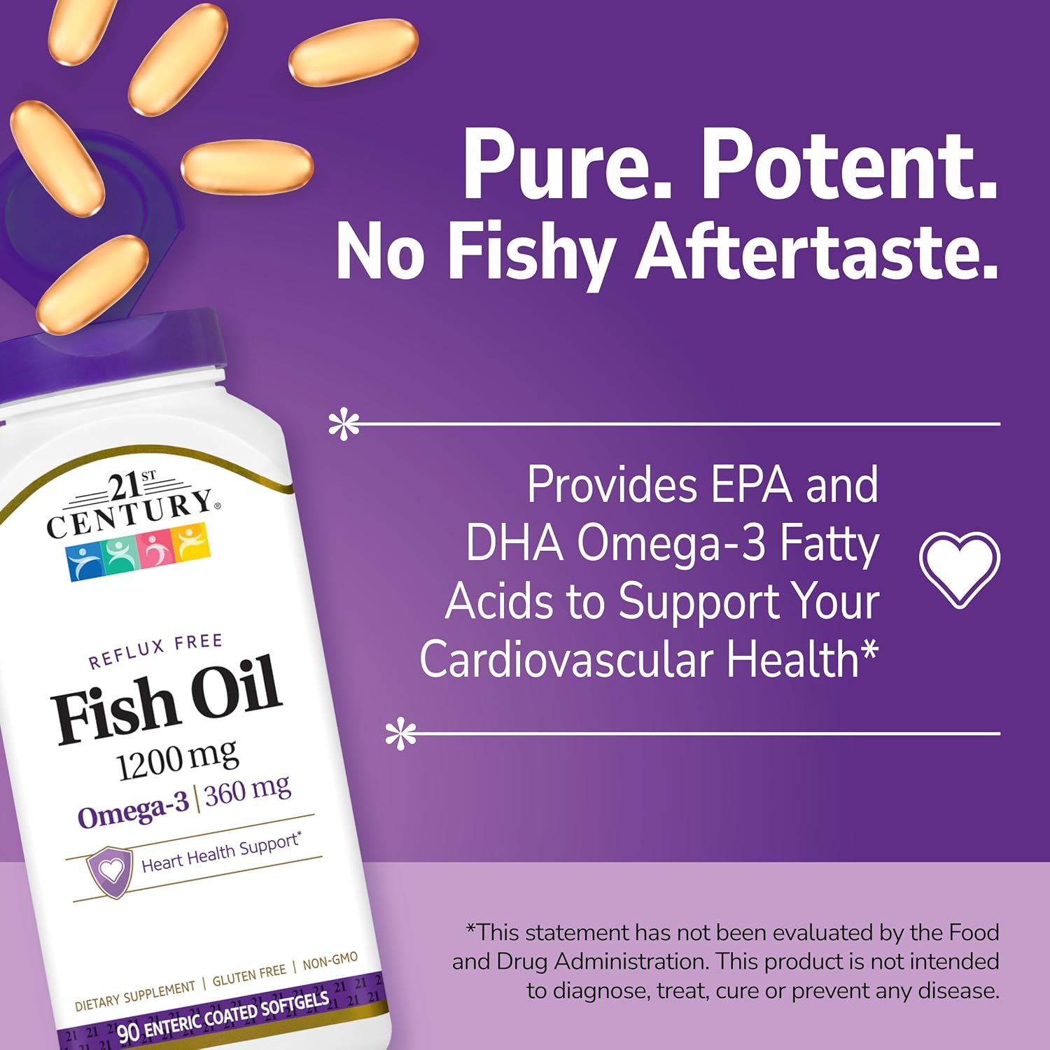 21st Century Fish Oil 1000mg Omega-3 Softgels, Mercury-Filtered, 120ct | Omega-3 Fish Oil with 300 mg EPA & DHA, Heart & Cardiovascular Health Support, Gluten Free, Non-GMO