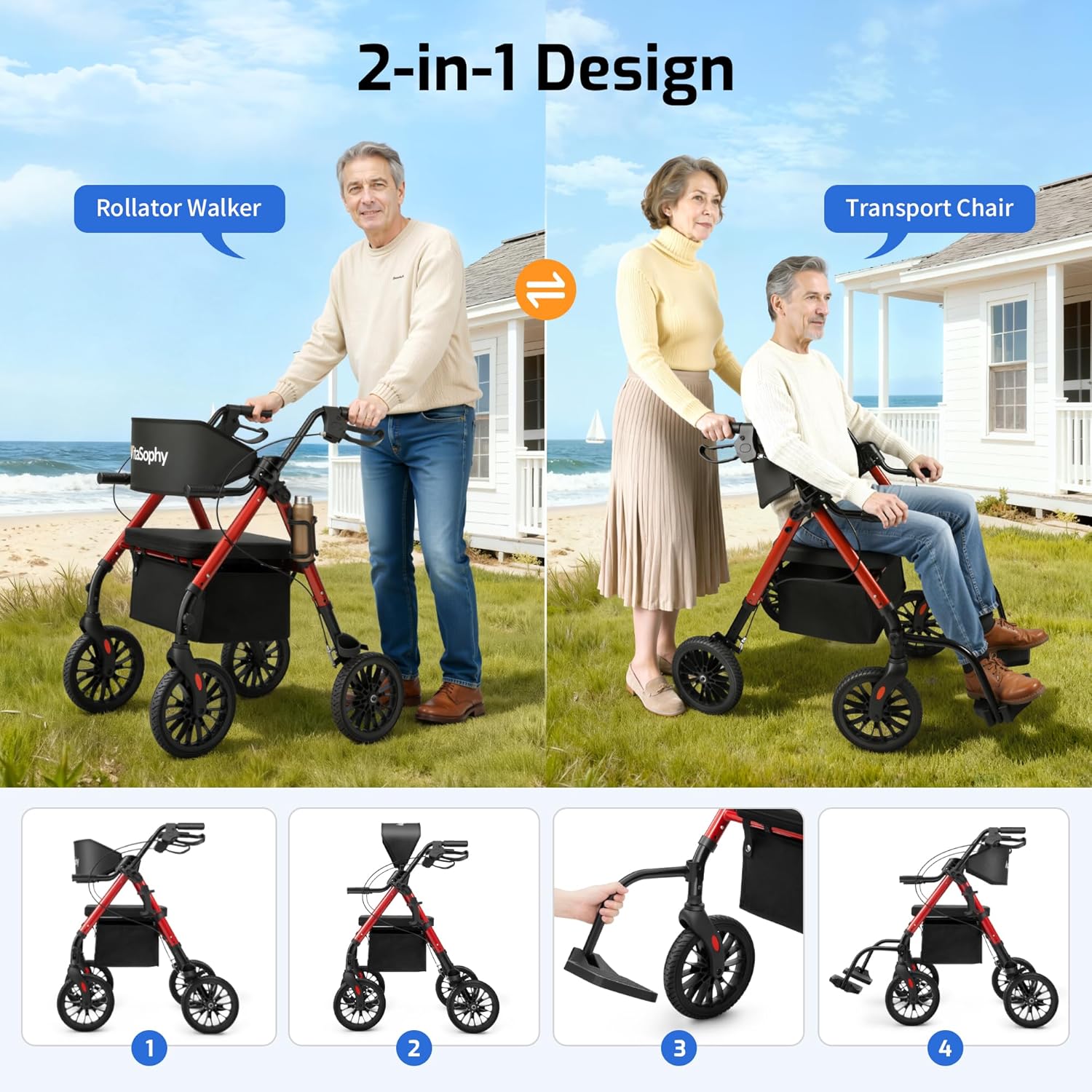 2 in 1 Rollator Wheelchair Combo Walker for Seniors with Seat | Transport-Wheelchair-Lightweight-Foldable with Adjustable Seat and Handle