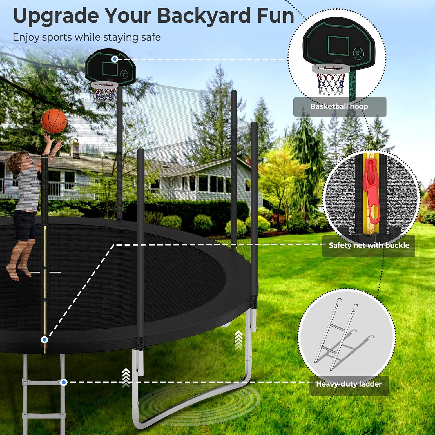 10 12 14 16FT Trampoline Outdoor, Light/Sprinkler/Basketball Hoop | Large Recreational Trampoline for Kids and Adults, Heavy Duty Yard Trampolines with Enclosure Net, ASTM Approval