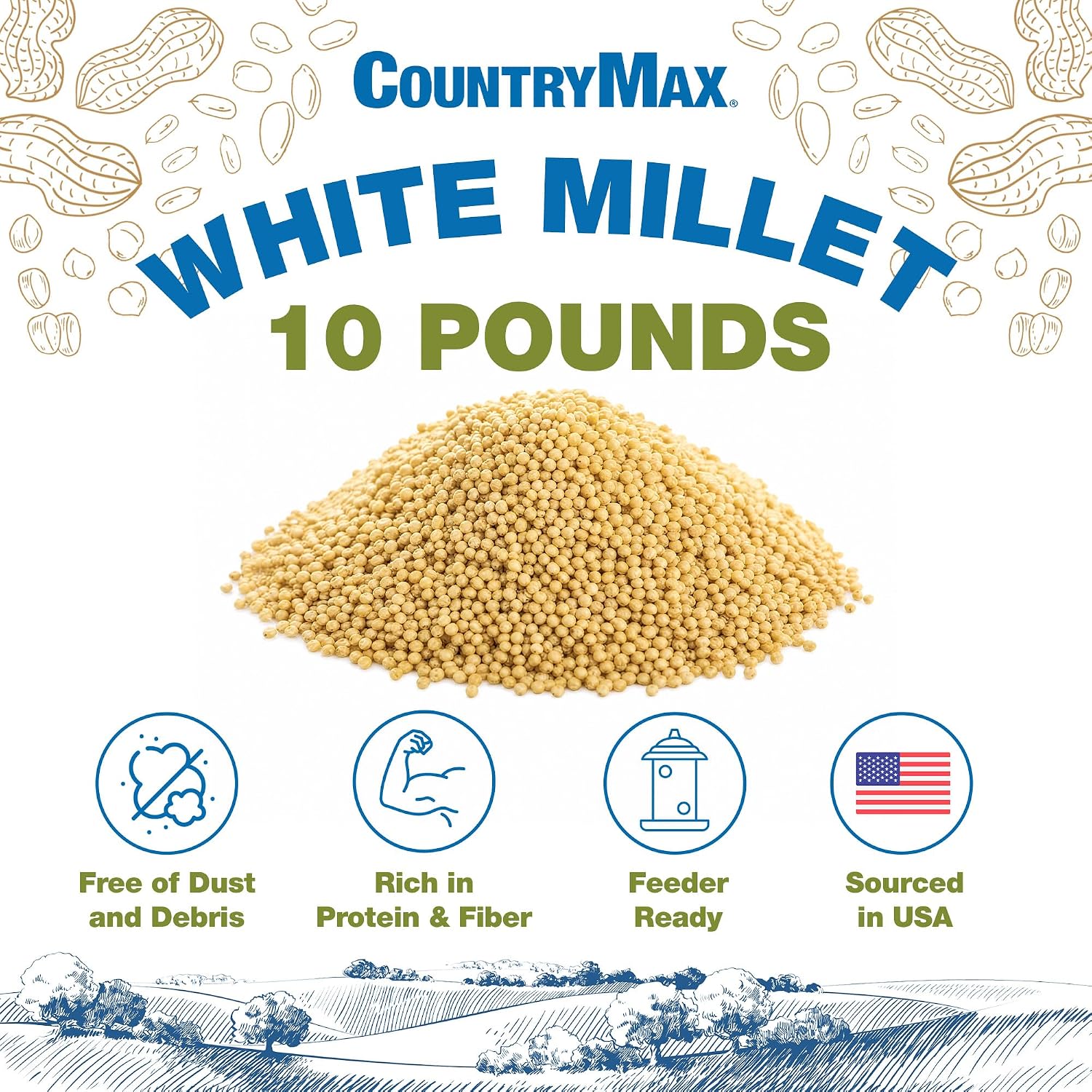 CountryMax Shelled Sunflower Chips 10 lb - No Waste Bird Seed for Outside Feeders, Resealable Bag of Wild Bird Feed | For Smaller Beaks, No Mess, No Waste. High Energy & USA Sourced. For Ground Feeding or Bird Feeders, For Year-Round Feeding