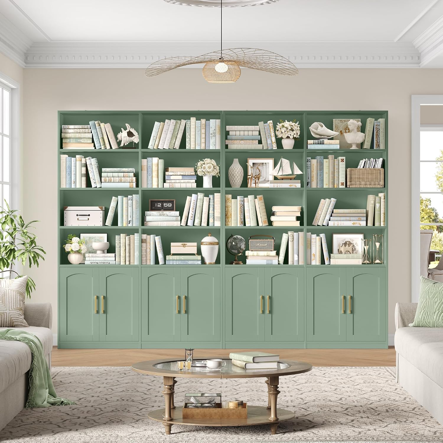 Bookshelf and Bookcase with Doors, Double Wide Large Bookshelves | Industrial Open Display Shelves 6 Tier, 73'' Tall Bookshelf with Storage Cabinets for Office,Home, Living Room, Library,White