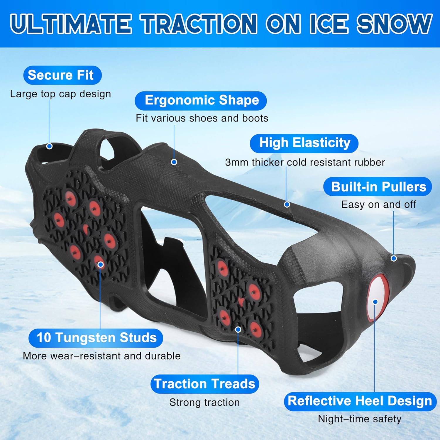 Ice Cleats for Shoes and Boots Tungsten Crampons Non-Slip Shoe Spikes Grippers for Snow and Ice Traction Cleats with Reflective Heel Slip-on Snow