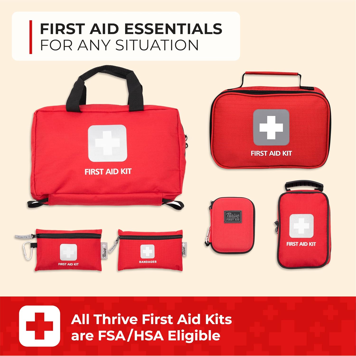 Thrive Mini First Aid Kit - Compact Travel Essentials Pack - Waterproof Camping Essentials Set - Portable Car First Aid Kit & Hiking Supplies Pouch - 66-Piece Set, Red Shell Case