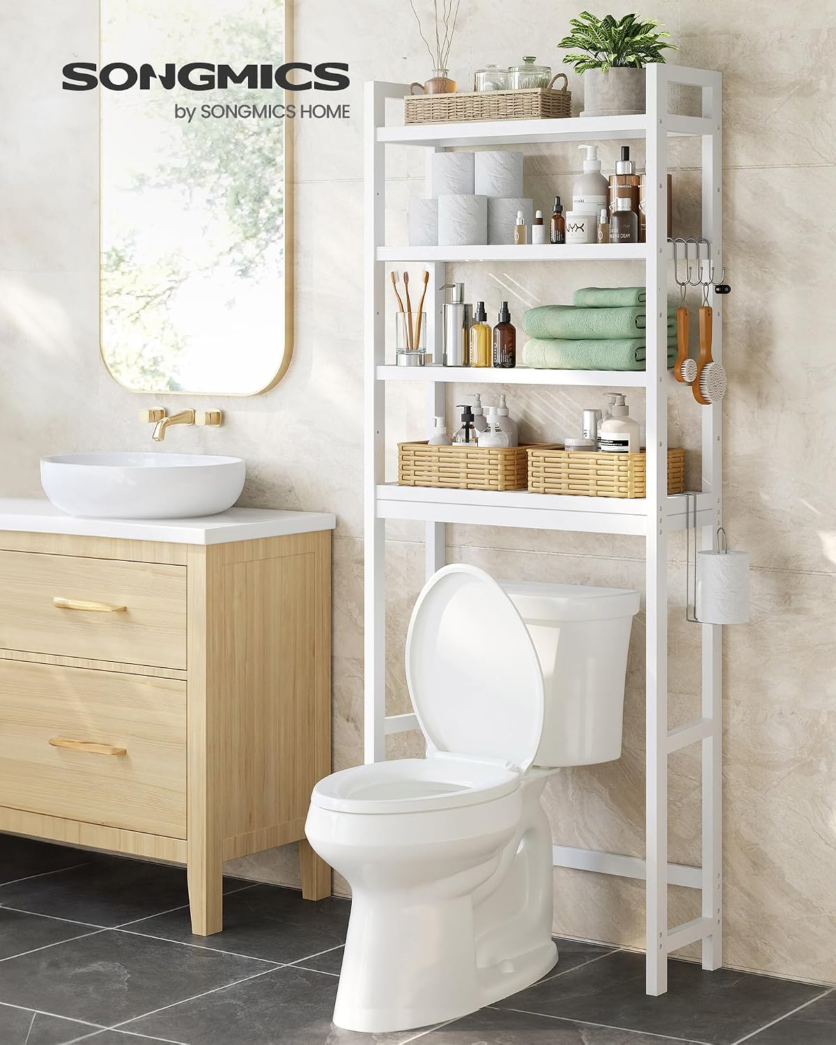 SONGMICS Over The Toilet Storage, 3-Tier Over Toilet Bathroom Organizer with Adjustable Shelf, 10.2 x 24.8 x 66.9 Inches, Space-Saving, Cloud White UBTS01WT