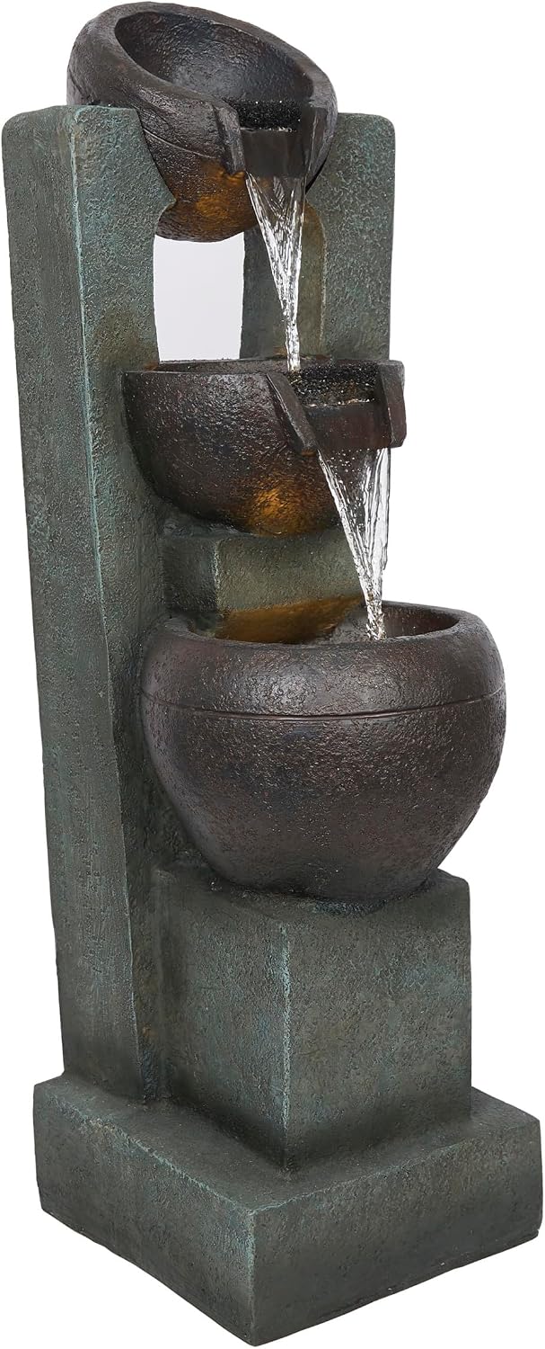 Alpine Corporation WIN326 Indoor Tabletop Light-Up Tiered Rainforest Tree Trunk Water Fountain with LED Lights, 11", Brown