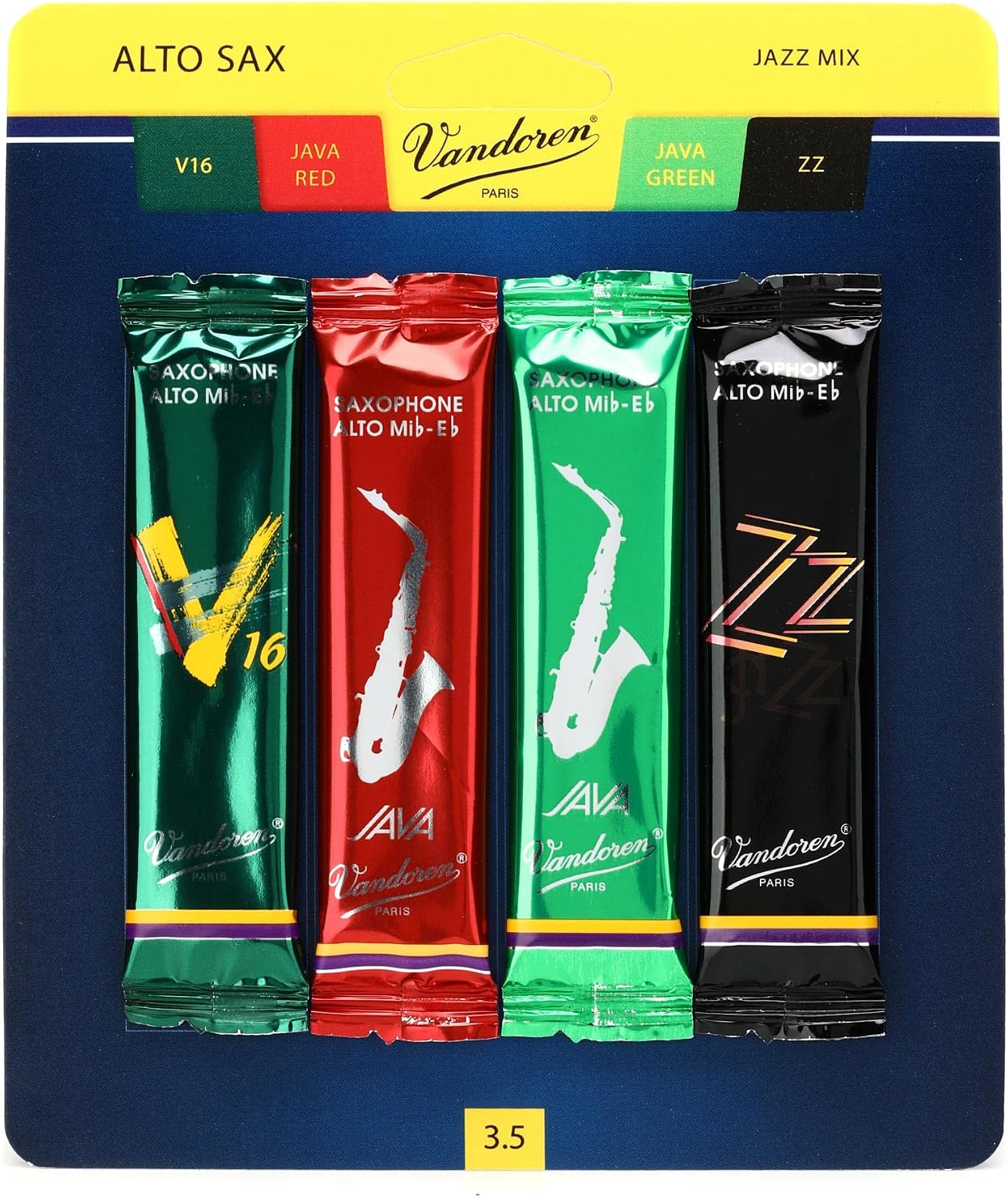 Vandoren SRMIXA3 Alto Sax Jazz Reed Mix Card includes 1 each ZZ, V16, JAVA and JAVA Red Strength 3