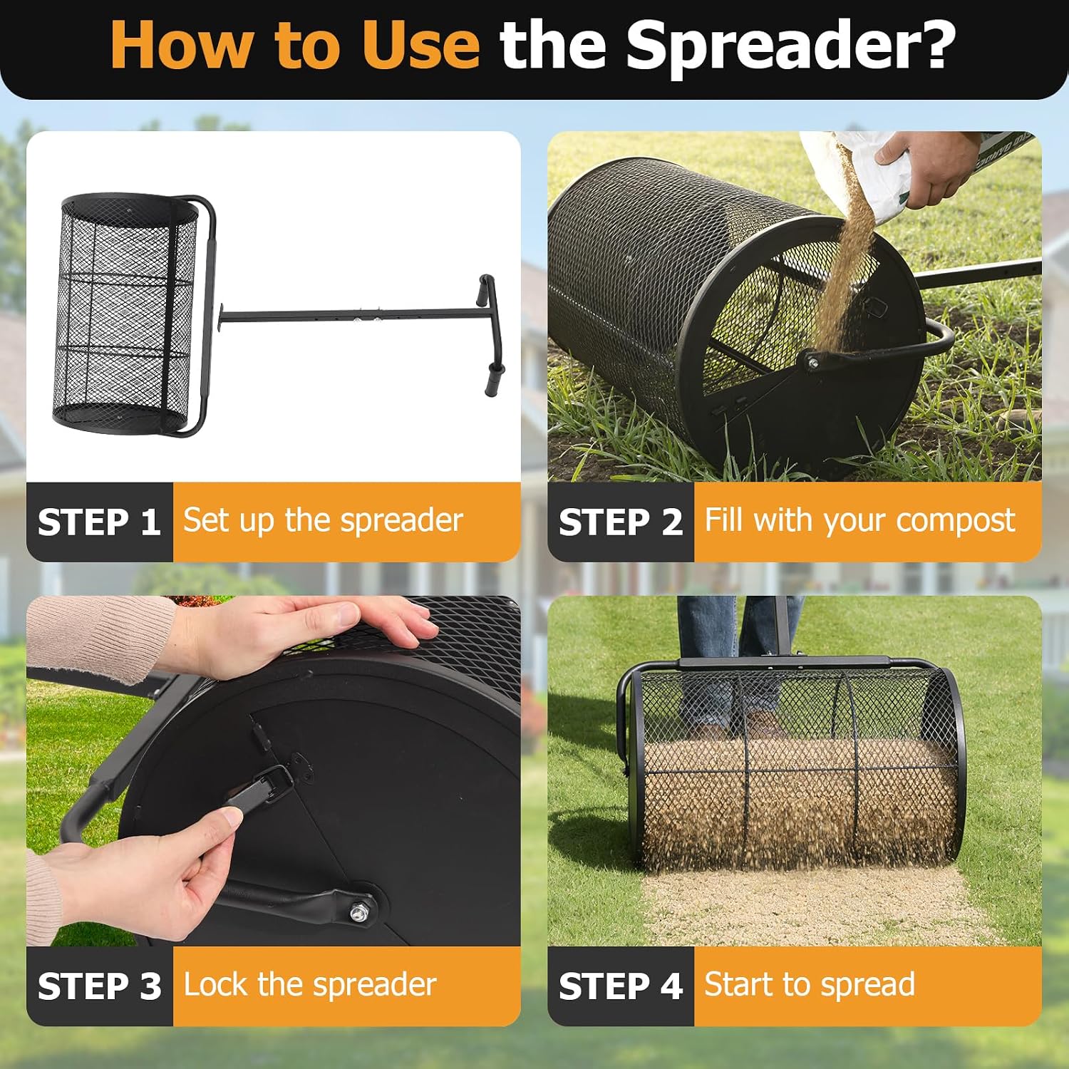 Compost Spreader 24in Peat Moss Spreader - U Shaped Comfortable Handle & Adjustable Height Powder-Coated Metal Mesh Hand Fertilizer Spreader for