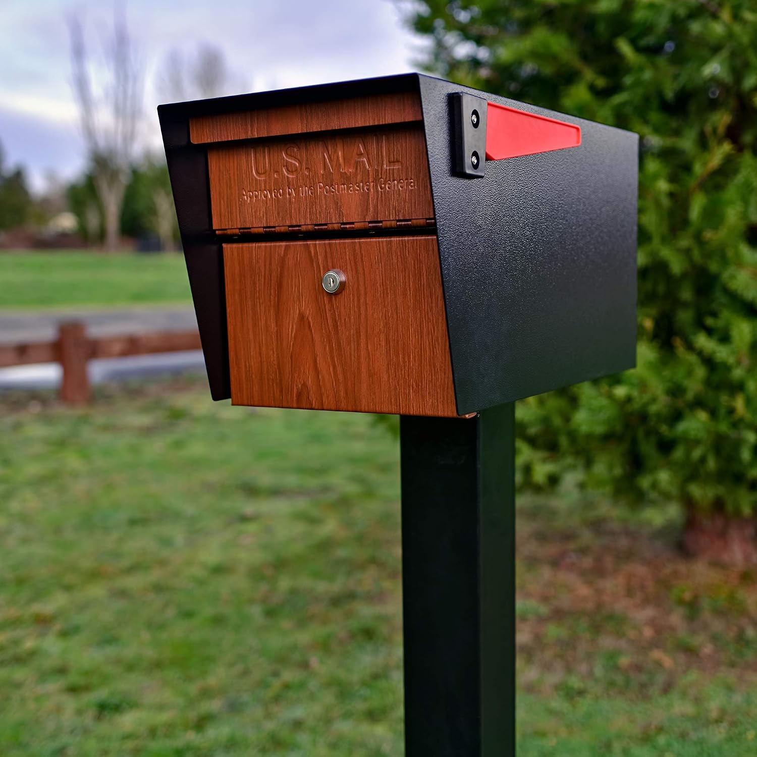 Mail Boss Curbside, Wood Grain 7510 Mail Manager Locking Security Mailbox, Steel, Black | Patented anti-pry lock, accepts small packages