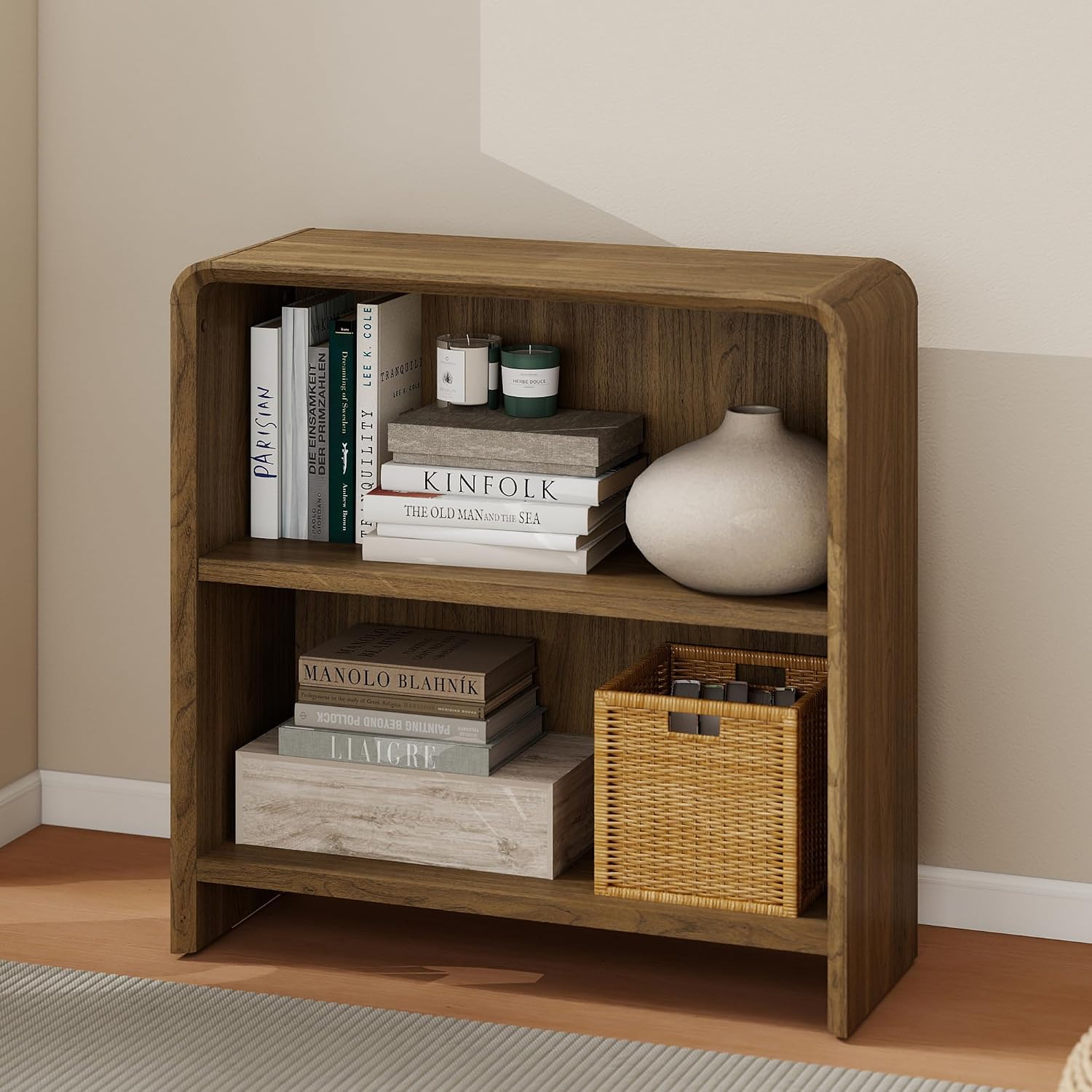 Bevfint 44" Bookcase Tall 3 Shelves Wood Bookshelf with Curved Soft Edges, Heavy Duty Storage Cabinet for Professional Home Office and Living Room, Modern Natural Oak Grain Finish