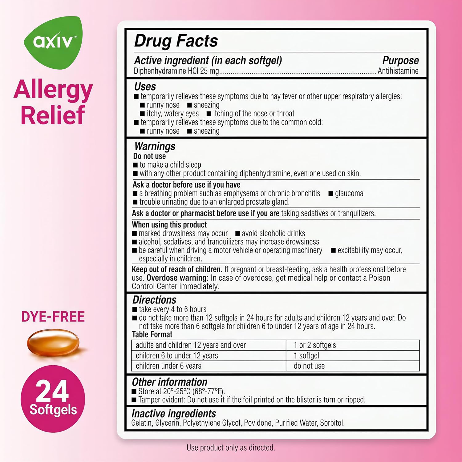 AXIV Allergy Relief Softgels, Antihistamine Medicine & Cold Symptom Relief, Dye-Free Liquid Gels, 25 mg Diphenhydramine HCl, Runny Nose, Sneezing, 24 Count (24 Softgels)