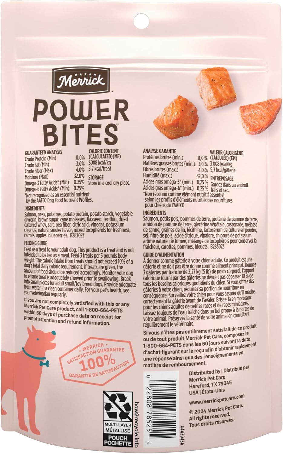 Merrick Power Bites Salmon Grain Free Dog Treats 6 oz Bag | Wholesome and flavorful dog treats made with salmon as the #1 ingredient, perfect for anytime snacking or training rewards