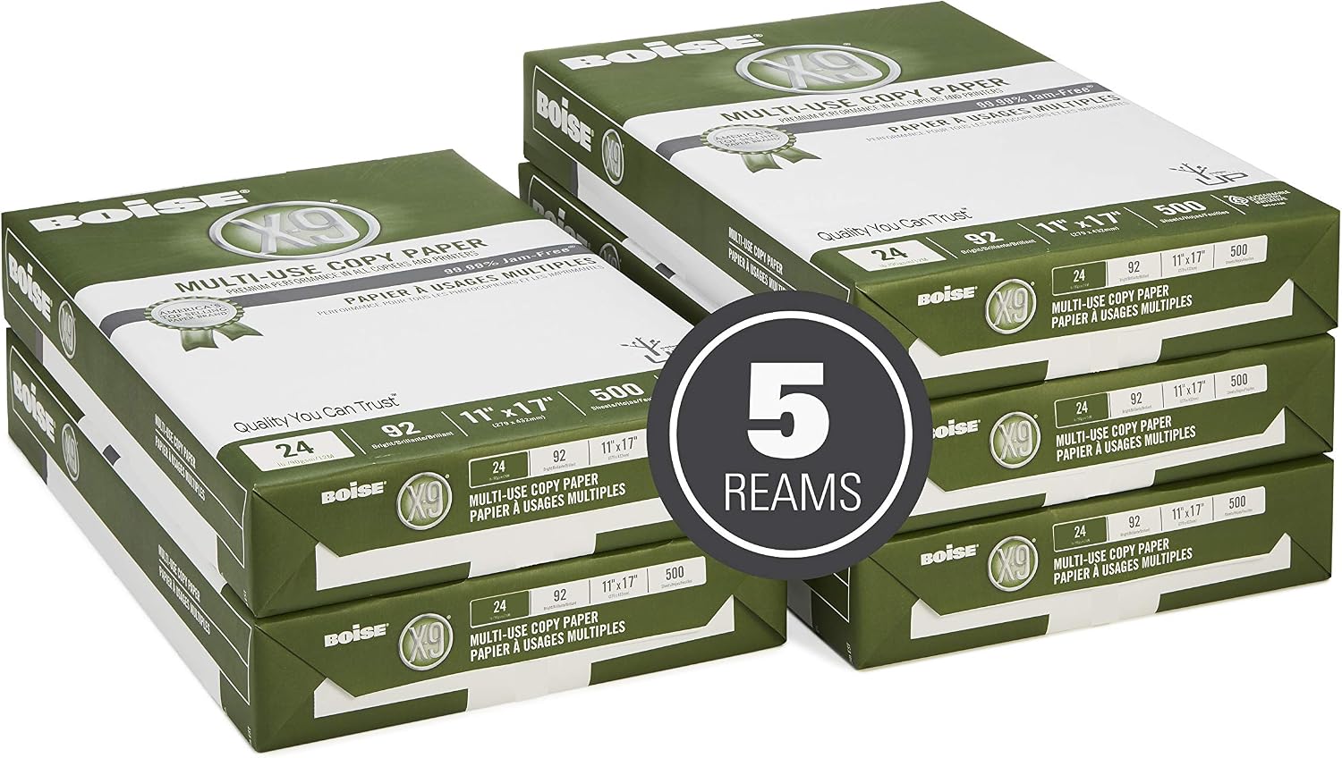 Boise X-9 Multi-Use Printer & Copy Paper, 5 Reams, White, Ledger (11in x 17in), 2500 Sheets Per Case, 20 Lb, 92 Brightness
