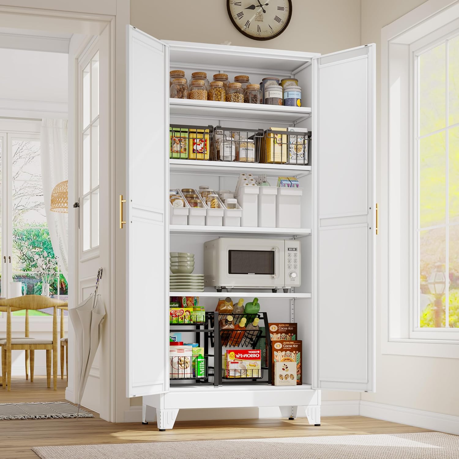 GAIOUS 75.2" Tall Metal Kitchen Pantry Storage Cabinets with 2 Door and 5 Adjustable Shelves, Cupboard for Kitchen, Dining Room, Living Room and Bathroom, White