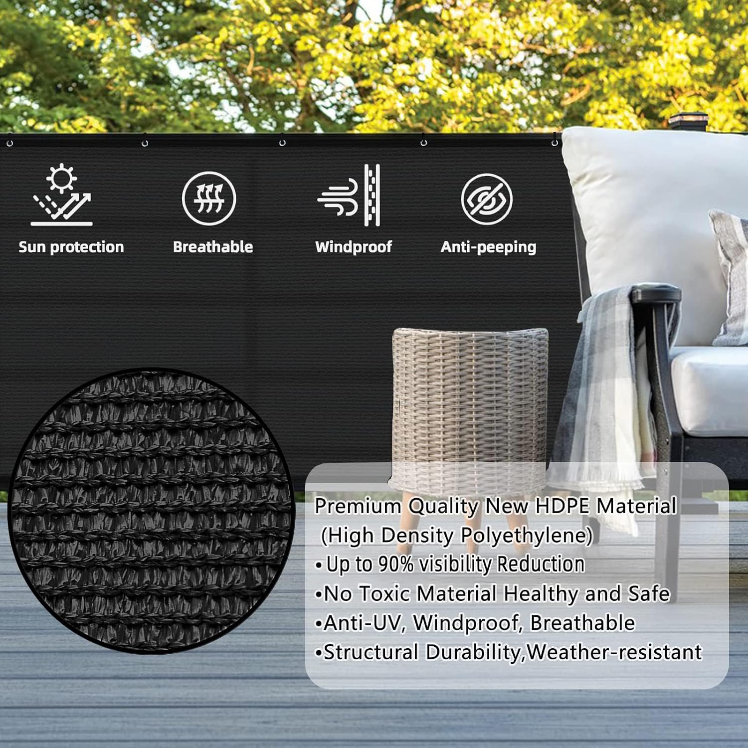 SUNLAX 3'x10' Black Balcony Privacy Screen Fence Windscreen 90% UV Block