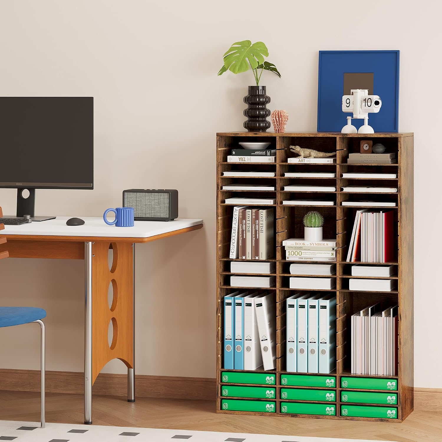 EasyPAG 12 Compartments Wooden Literature Organizer with Adjustable Shelves, 6000 Sheets Capacity Paper Organizer