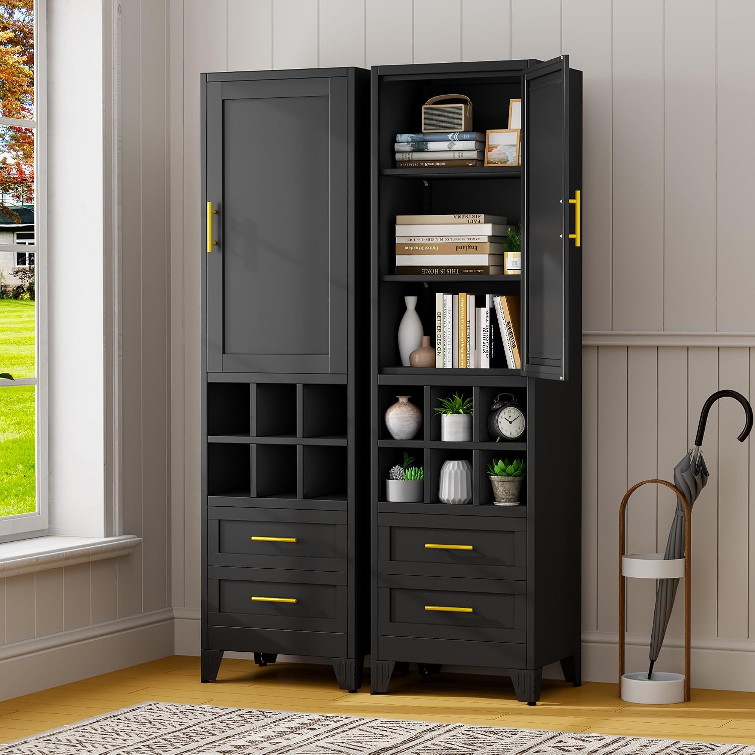 pozdeg 67" Tall Narrow White Metal Storage Cabinet | 2 Doors, 4 Adjustable Shelves, Freestanding Slim Pantry Organizer for Bathroom Kitchen Living Room