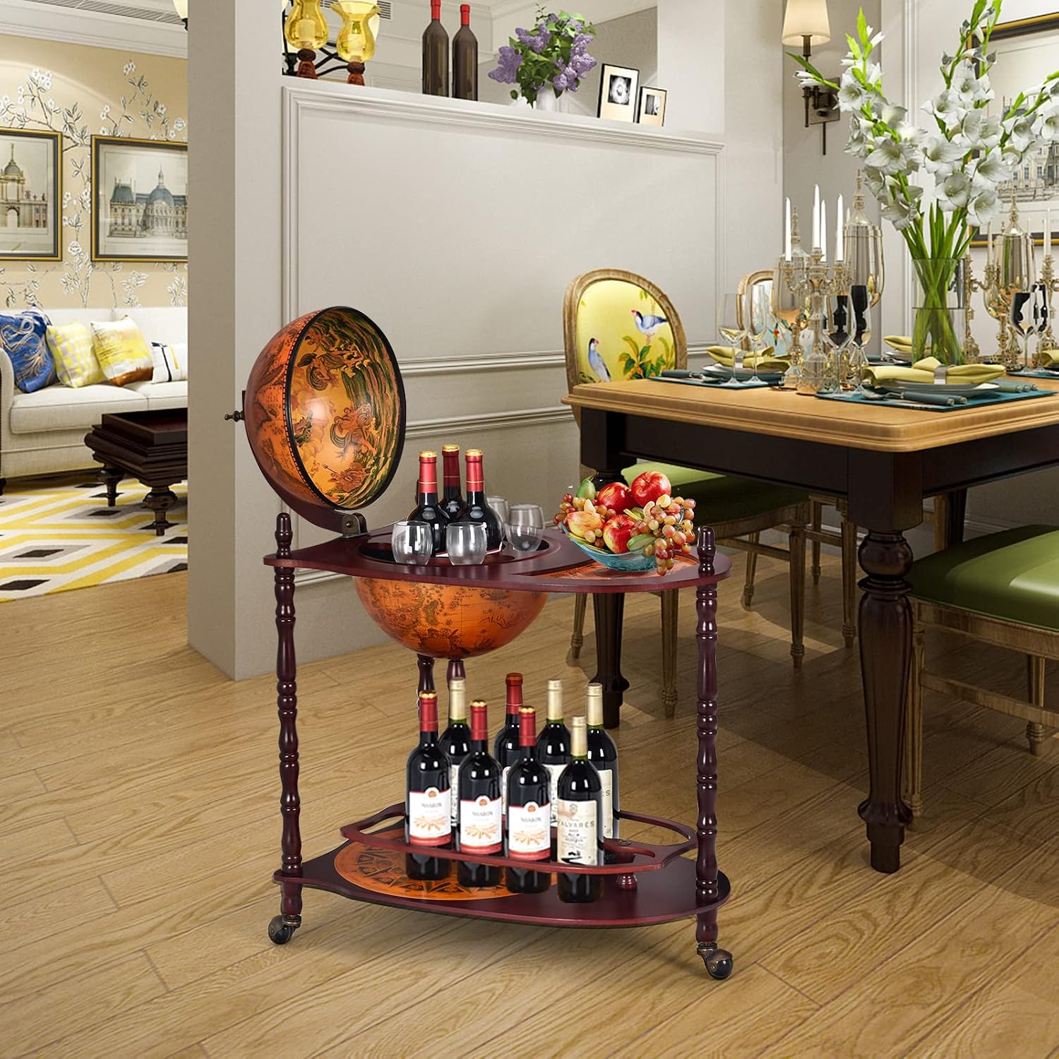 Goplus Globe Bar, 34.5” Globe Bar Liquor Cabinet with Wheels, Bottom Shelf, Old World Map, 16th Century Italian Replica Bar Globe, Retro Wine Stand