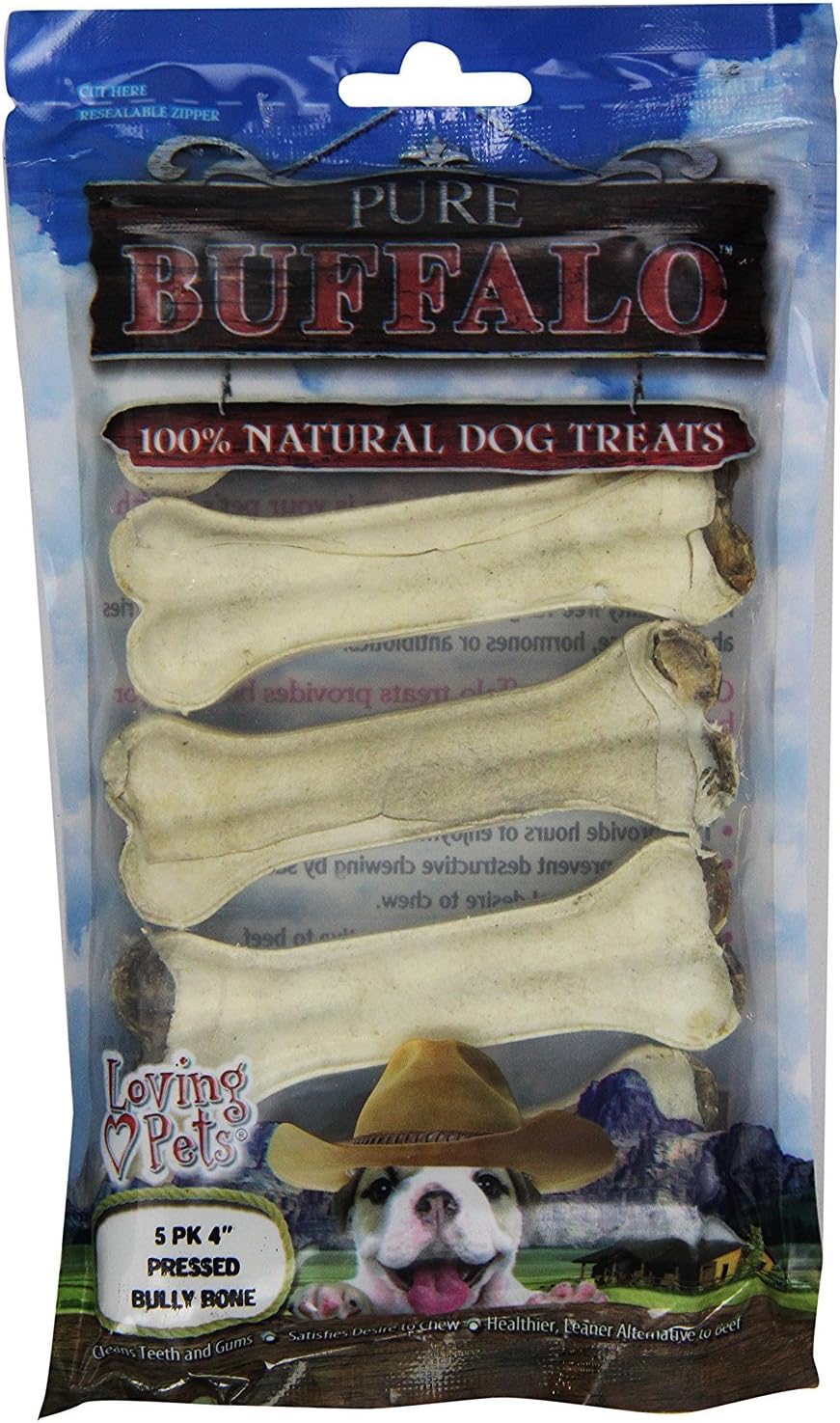 Loving Pets Pure Buffalo 4-Inch Pressed Bully Bone Dog Treat, 5-Pack