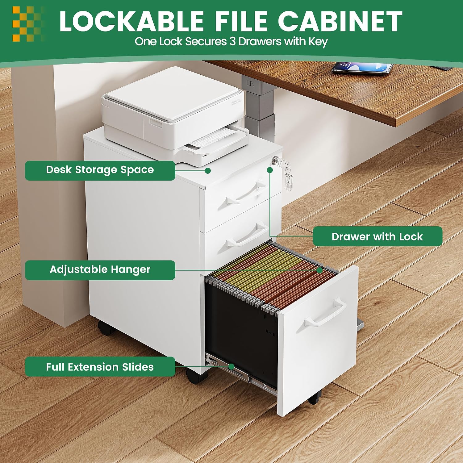 3 Drawer File Cabinet with Lock,Mobile Lateral Filing Cabinet with Side Hook for Letters/Legal/A4, Metal Printer Stand Storage Cabinets with Shelves for Home Office(Black)