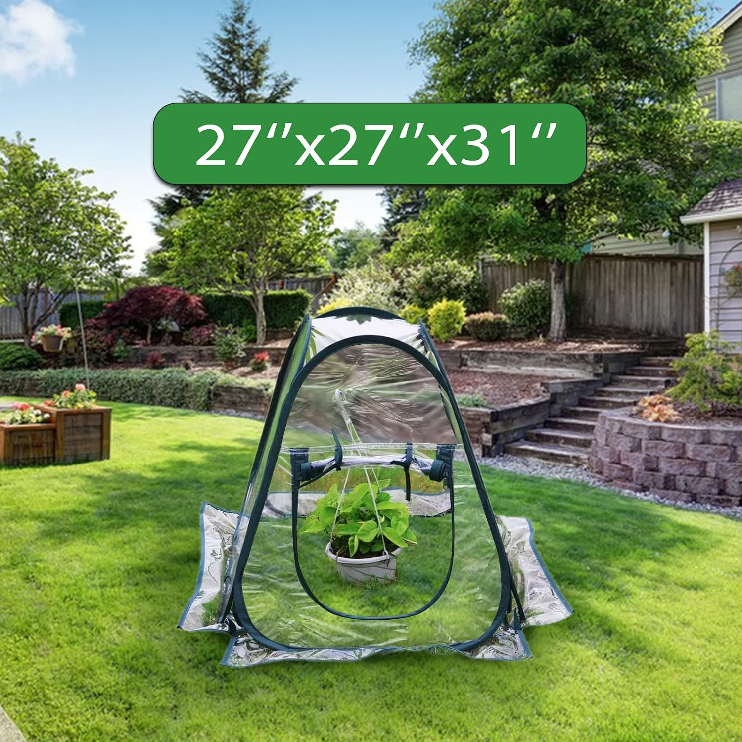 Mini Pop Up Greenhouse; 27"x27"x31"; Indoor/Outdoor; PVC/Steel; Zipper Closure; Green