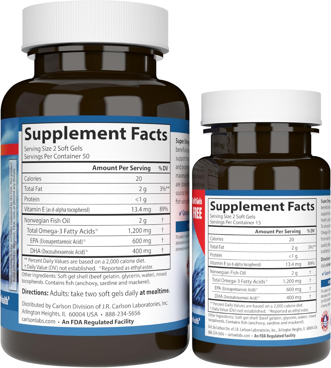 Carlson Super Omega-3 Gems, 1200 mg, Omega-3s, 50 Softgels | with EPA and DHA; Wild Caught Norwegian Fish Oil Supplement; Sustainably Sourced Fish Oil Capsules; Omega 3 Supplements