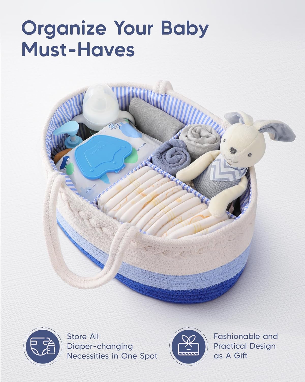 Maliton Diaper Caddy Organizer for Baby, Cotton Rope Baby Gift Basket, Portable Diaper Organizer for changing table, Nursery Storage Organizer