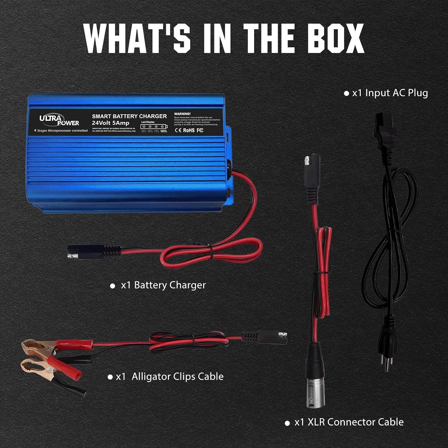 ULTRAPOWER 24V 5A Battery Charger, Universal Battery Charger Maintainer with 4LEDs Indicator, XLR Connector for Cars, Trucks, RVs, ATVs, UTVs