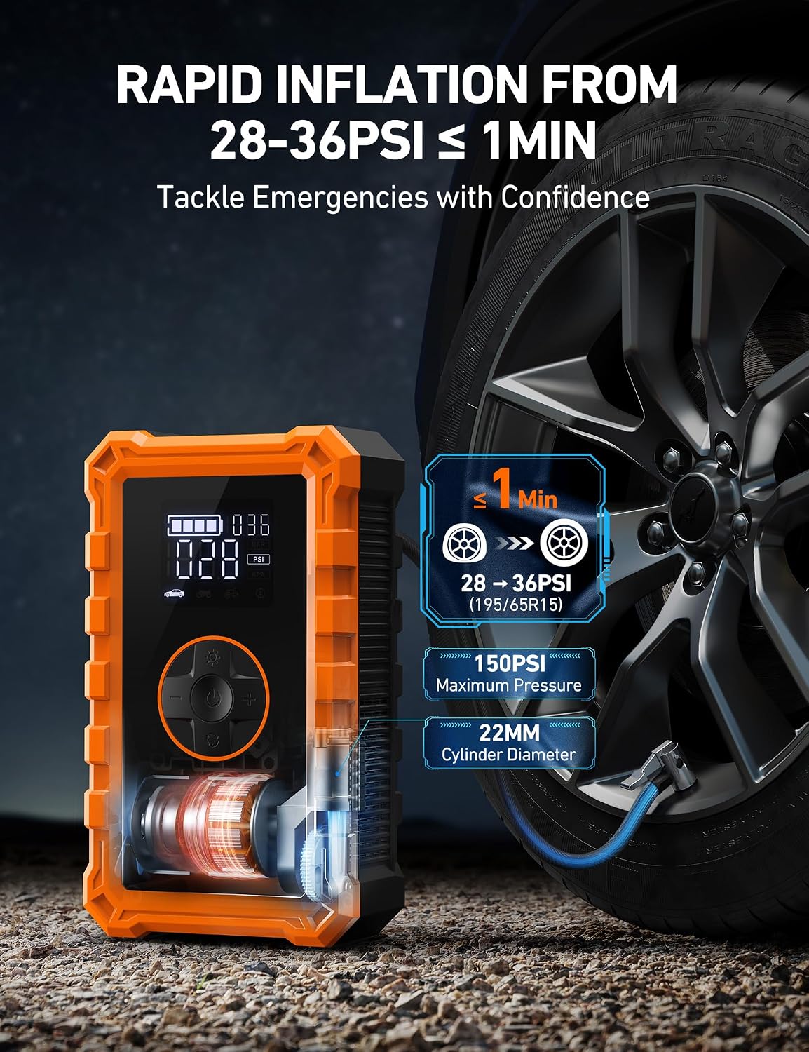 AstroAI S8 Air Jump Starter with Air Compressor, 3000A Peak Car Battery Jump Starter Portable (9.0 Gas/6.5L Diesel) with 150PSI Cordless Auto-Shutoff Tire Inflator, 12V Battery Charger Booster(Orange)