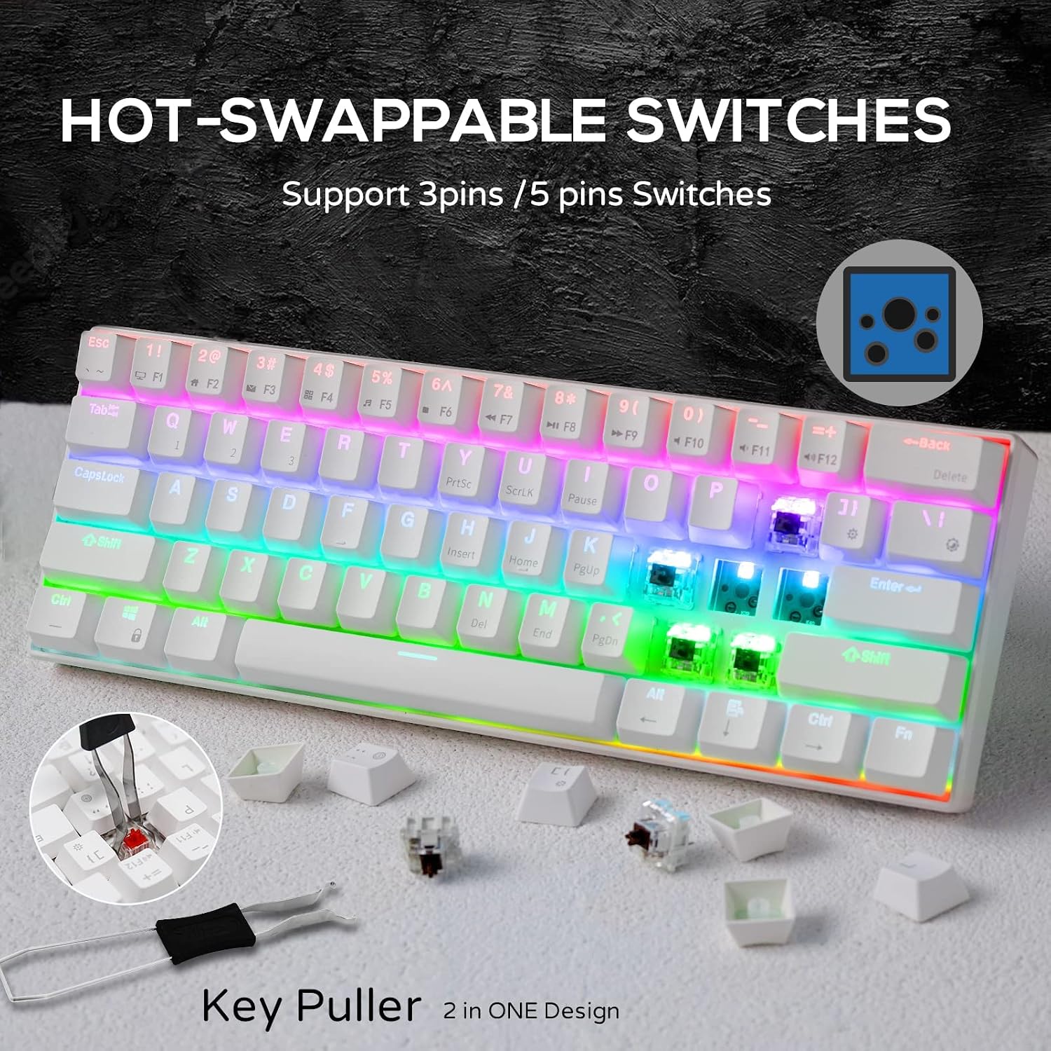 RK ROYAL KLUDGE RK61 Wireless Mechanical Keyboard, 60% Percent RGB, White | Hot Swappable Gaming Keyboard with Bluetooth/2.4G/USB, 61 Keys Ultra-Compact for Win/Mac/PC, Coiled Cable, Linear Red Switch