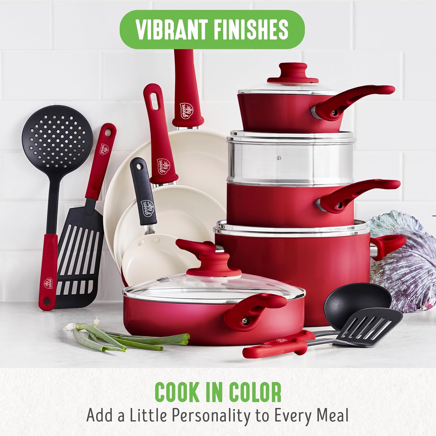 GreenLife 16 Piece Nonstick Cookware Set, Soft Grip Non-Toxic PFAS-Free Ceramic Pots & Pans, Dishwasher & Oven Safe, Frying, Sauce, Saute, Utensils