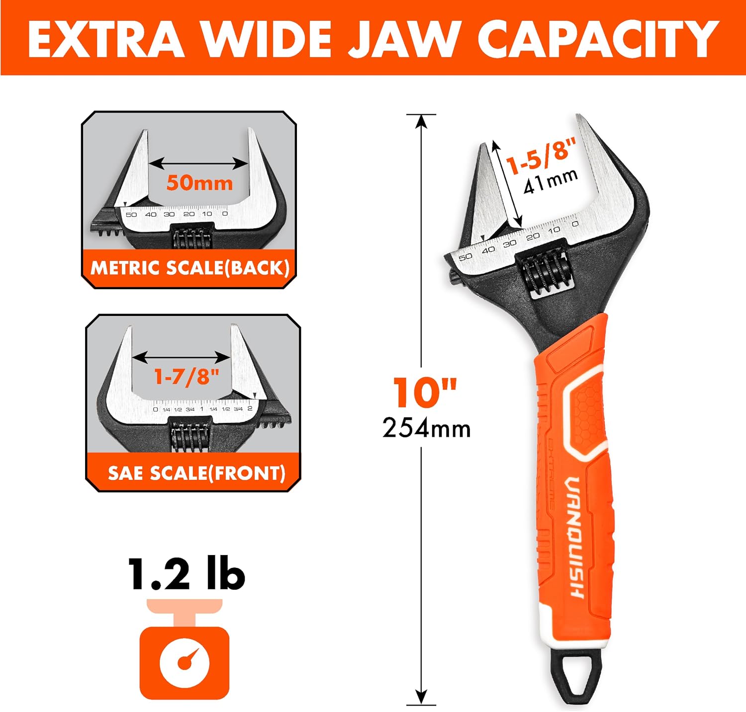 VANQUISH 12 Inch Adjustable Wrench, 2-3/8” Wide Jaw Opening Plumbing Wrench, CR-V Steel, SAE and Metric Scale Marked, With Comfort Grip Handle and Hanging Hole (3154)