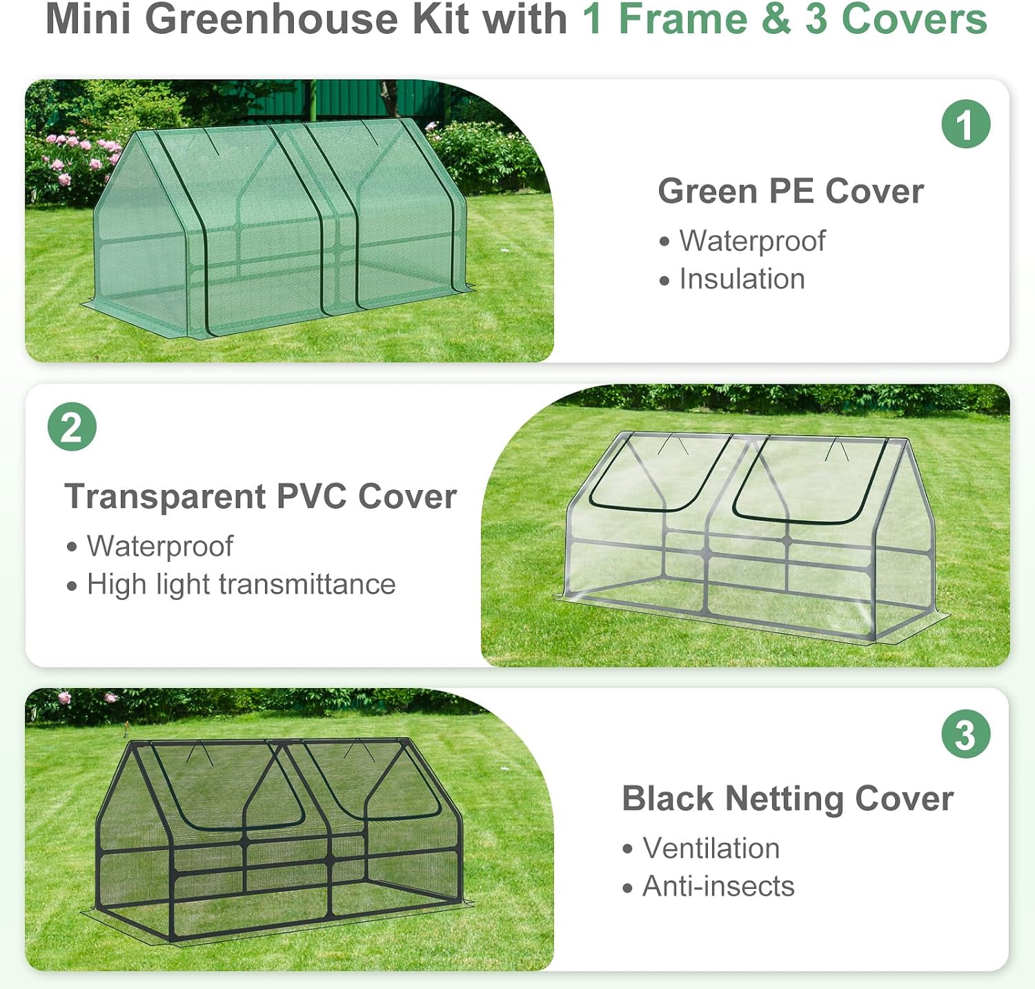 Aoodor 6 x 3 x 3 ft Mini Greenhouse with 2 Zipper Doors, Water-Resistant, UV-Protected for Flowers, Vegetables, and Herbs, Green