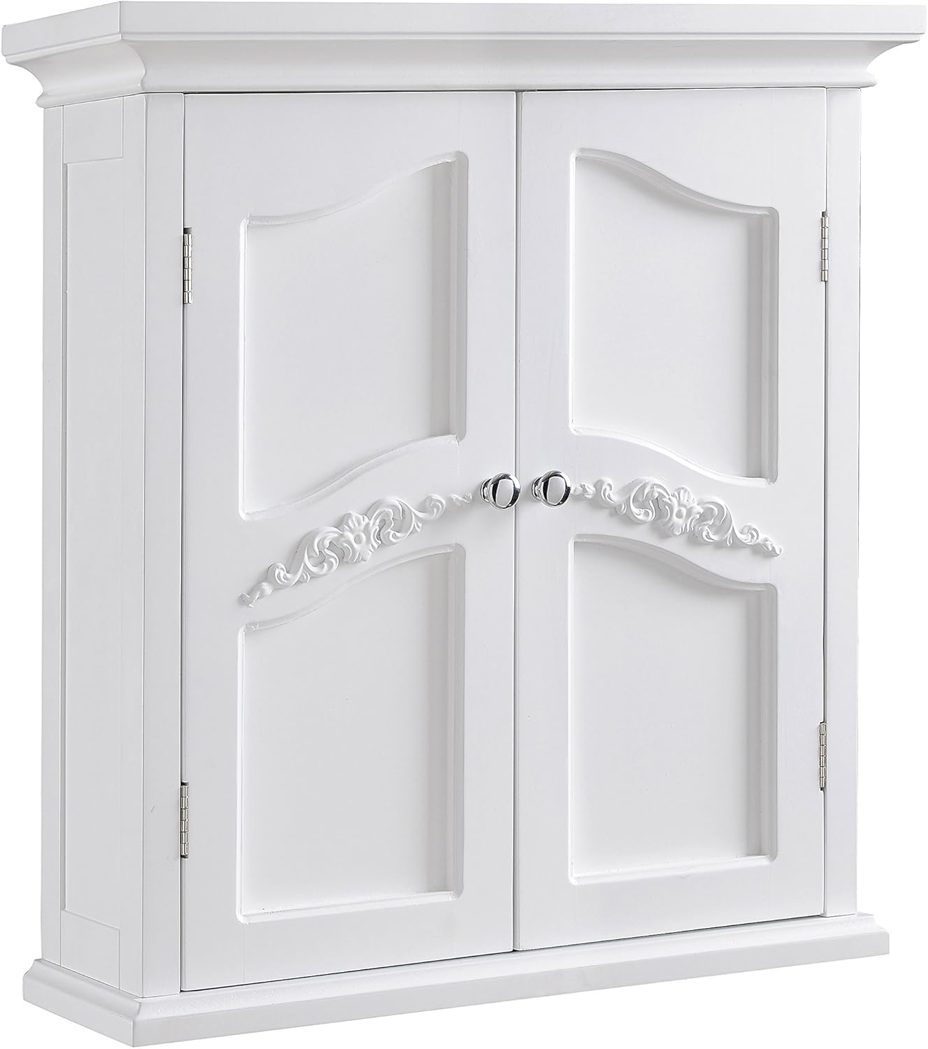 Teamson Home Versailles Wooden Floor Storage Cabinet and Wall Cabinet with Adjustable Shelves and Floral Scroll Doors, White