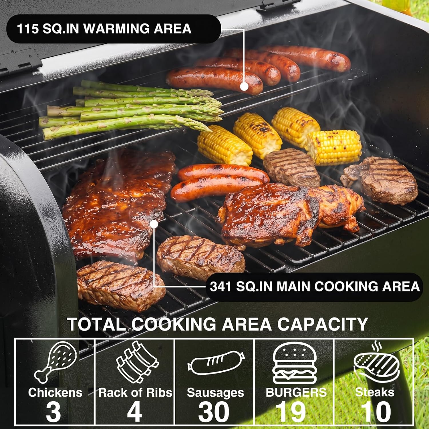 KingChii Electric Wood Pellet Grill & Smoker with Side Shelf, 456 SQ.IN Grill Capacity, with PID Temperature Control (180-425°F) for Backyard Camping Bake and Roast, Black