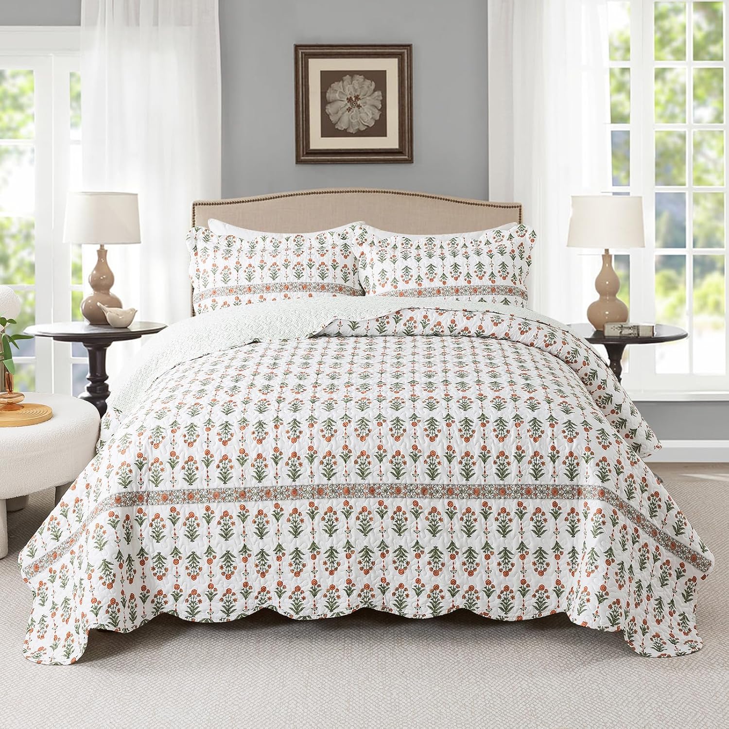 Travan Queen Quilt Set 3-Piece Bedspread Quilted Oversized Lightweight Microfiber Coverlet Set with Shams Violet Purple Floral Pattern Quilted